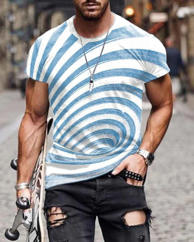 Blue White Stripes Rotating Street Style Hit Color Short-sleeved T-shirt