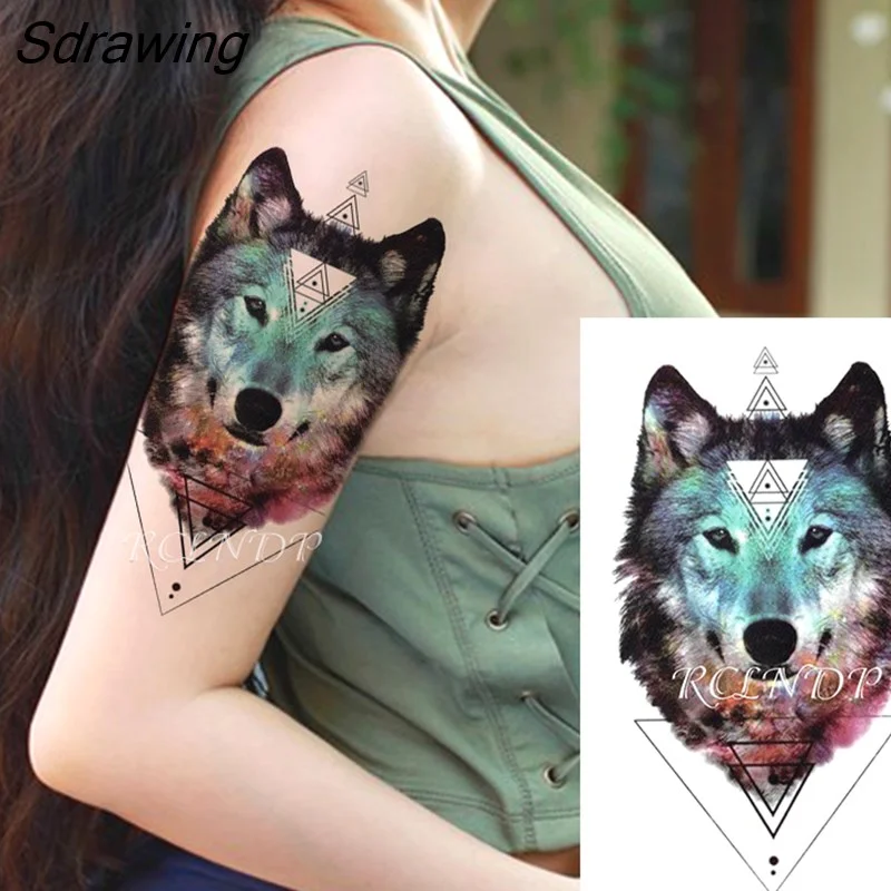 Sdrawing Temporary Tattoo Sticker Wolf Large Animal Triangle Dot Design Fake Tatoo Flash Tatto Arm Leg Body Art for Women Men