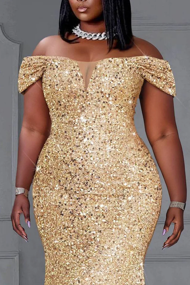 Xpluswear Design Plus Size Prom Gold Elegant Off The Shoulder Sequin Maxi Dresses [Pre-Order]