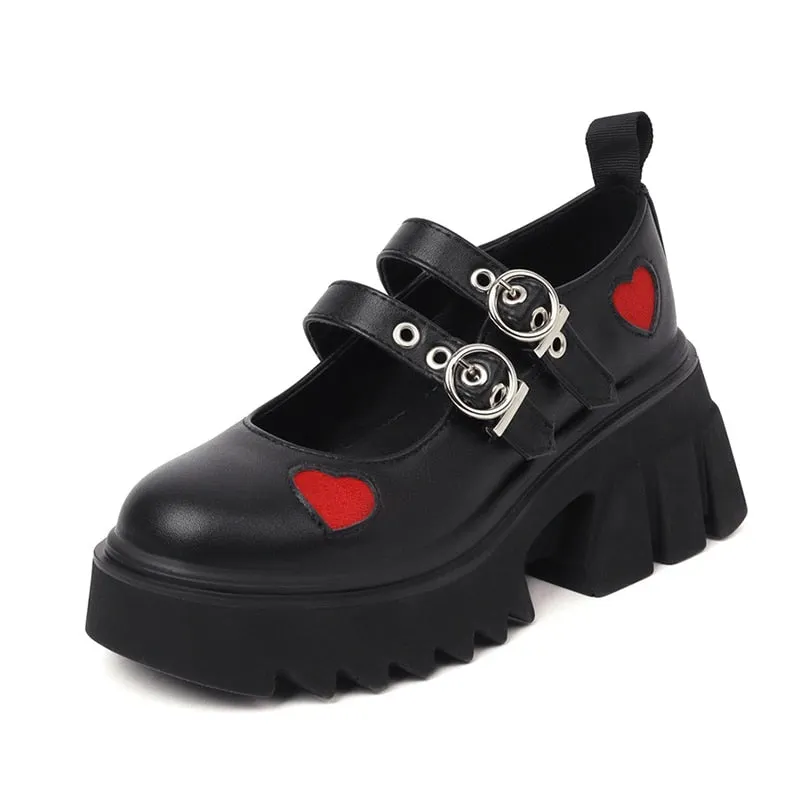 Gdgydh Gothic Girls Red Heart Shoes Thick Heel Mary Jane Shoes For Women Vintage Style Platform Pumps Rubber Sole Spring Fall