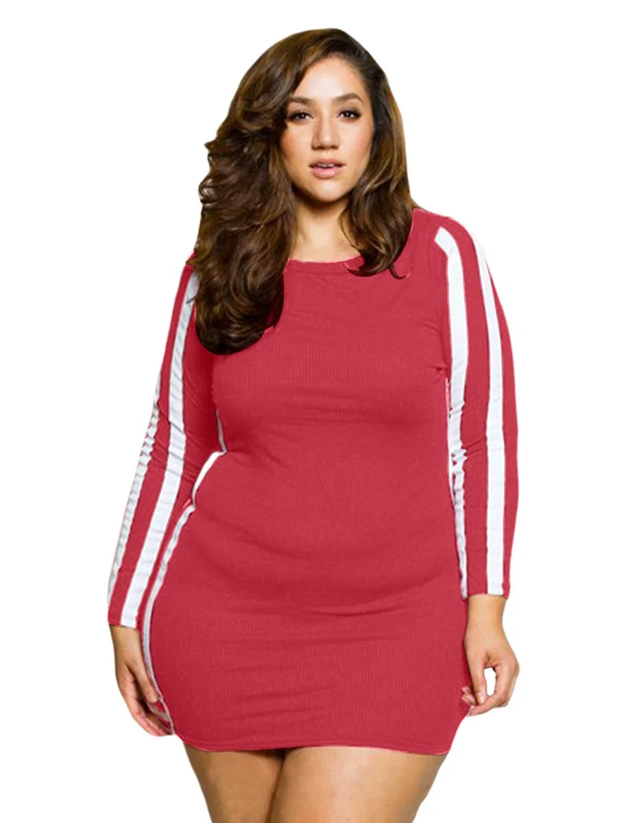 Plus Size Dress O Neck Long Sleeve Sporty Style Mini Dress