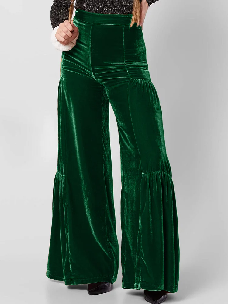 Daily Patchwork Pleated Flare Leg Solid Green Velvet Pants