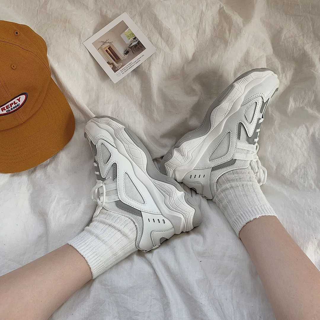 Women Sneakers Fashion Mesh Chunky Sneakers Casual Shoes Autumn Reflective Comfortable Thick Sole White Dad Flats Platform Shoes