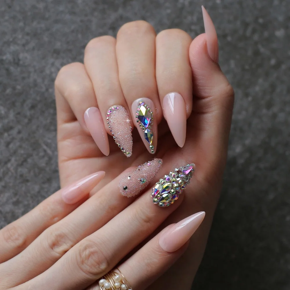 UV Shiny Long Stiletto Nude Fake nails crystal false nails Matte naked skin SALON DIY ART nails caviar nail AB Shaped Diamond-Nail Inspo