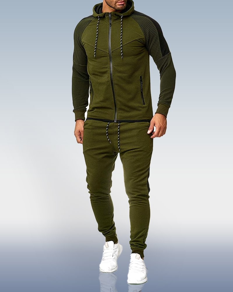 Men's green Striped Stitching Sports Two Piece Set 004