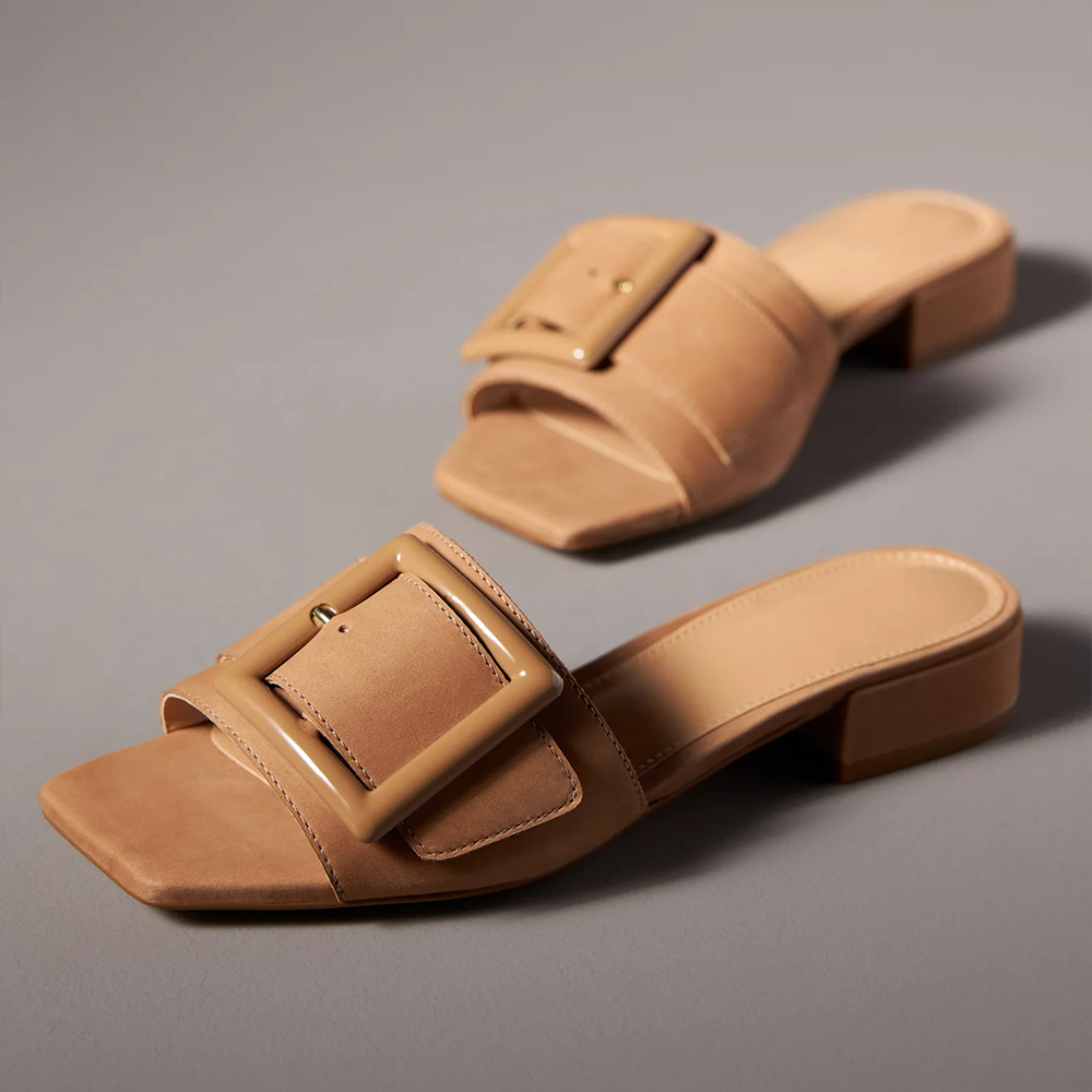 Beige Square Toe Chunky Heel Buckled Wide Band Mules Nicepairs