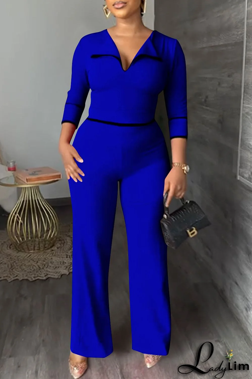 Blue Fashion Casual Solid Patchwork Turndown Collar Regular Jumpsuits