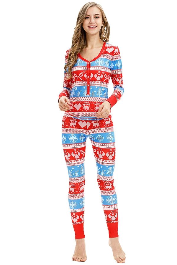Button Down Snowflake&Reindeer Print Christmas Pajamas Set Red-elleschic