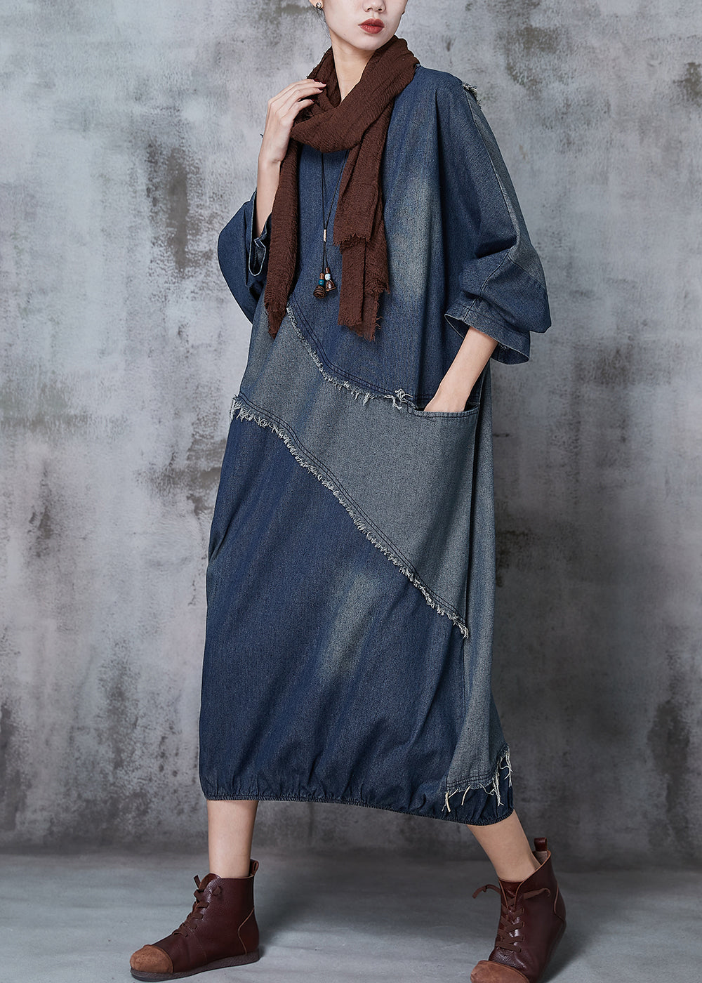 VCSHOES Blue Oversized Patchwork Denim Holiday Dress Spring