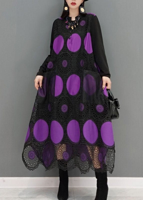 Fashion Purple pockets dot print Patchwork lace Maxi Dress