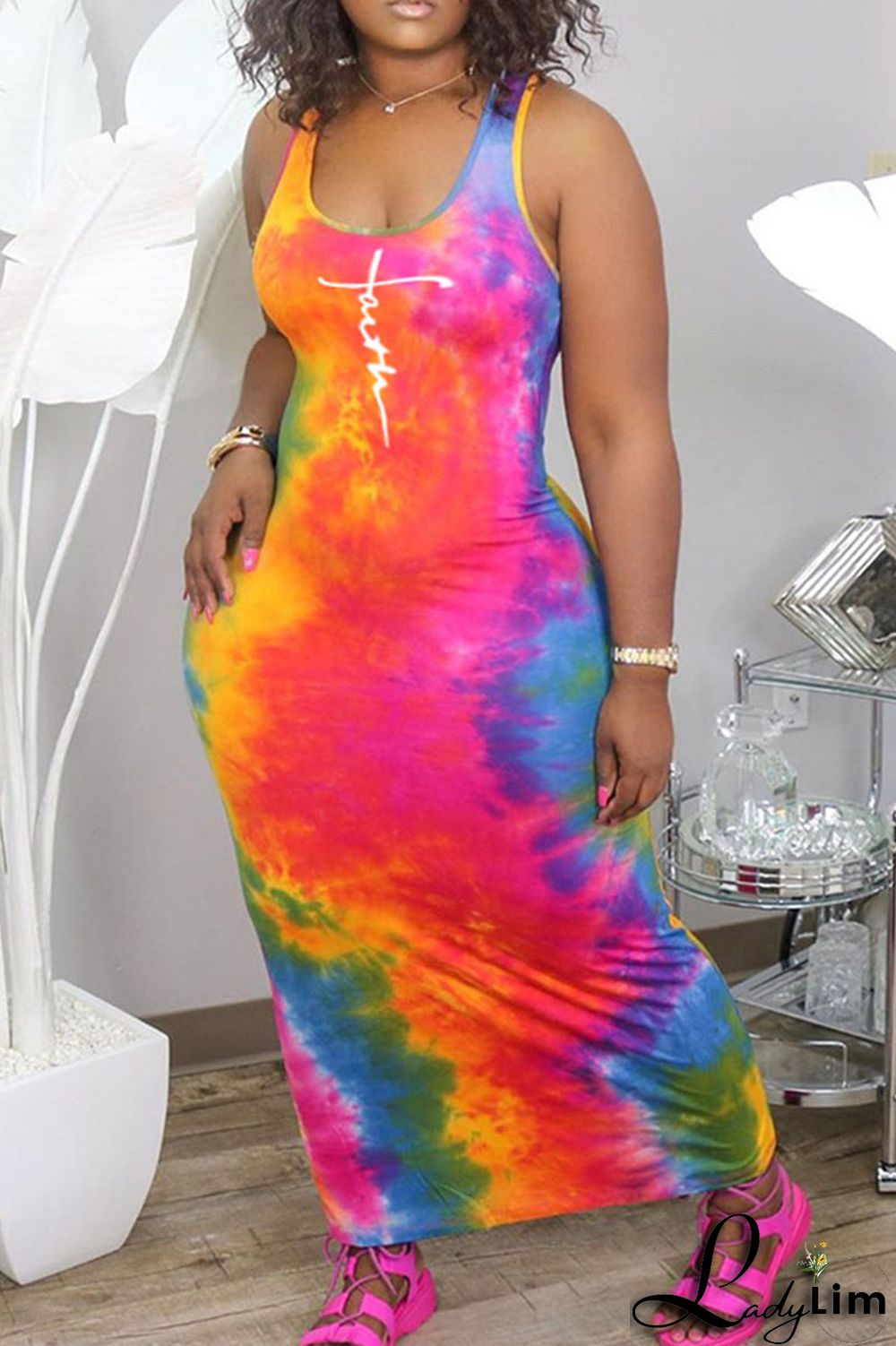 Rose Red Casual Print Tie Dye Patchwork U Neck Straight Dresses