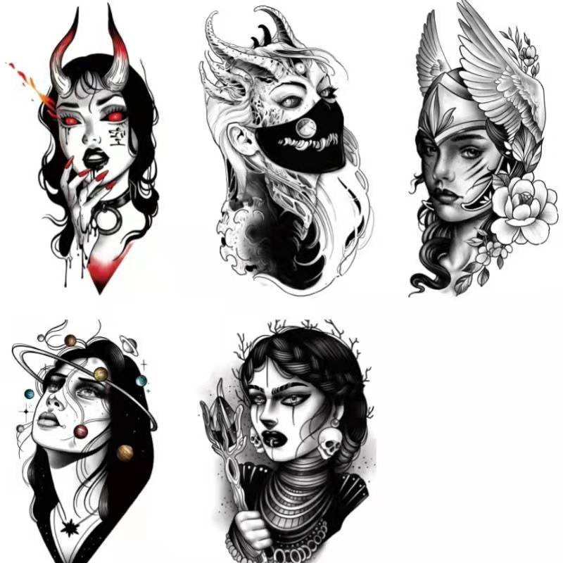 New Dark Beauty Witch Temporary Tattoo Stickers Set Female Flower Arm Waterproof Durable Black Personality Cool Art Fake Tattoo