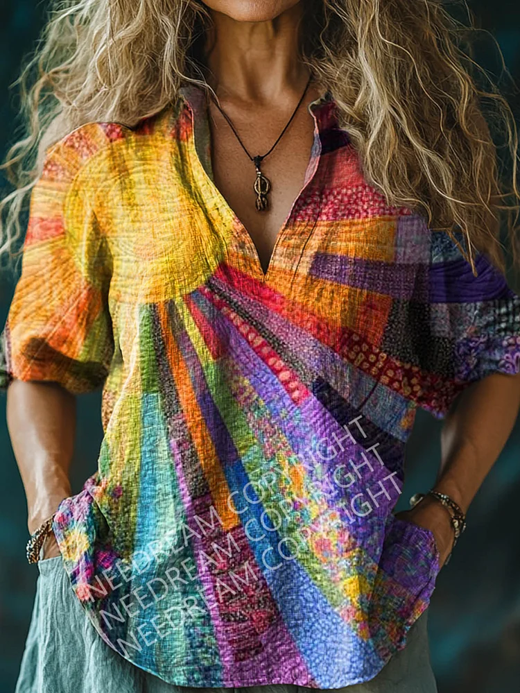 Womens Collage Art Pattern  Long Sleeve Comfortable Cotton And Linen Shirt