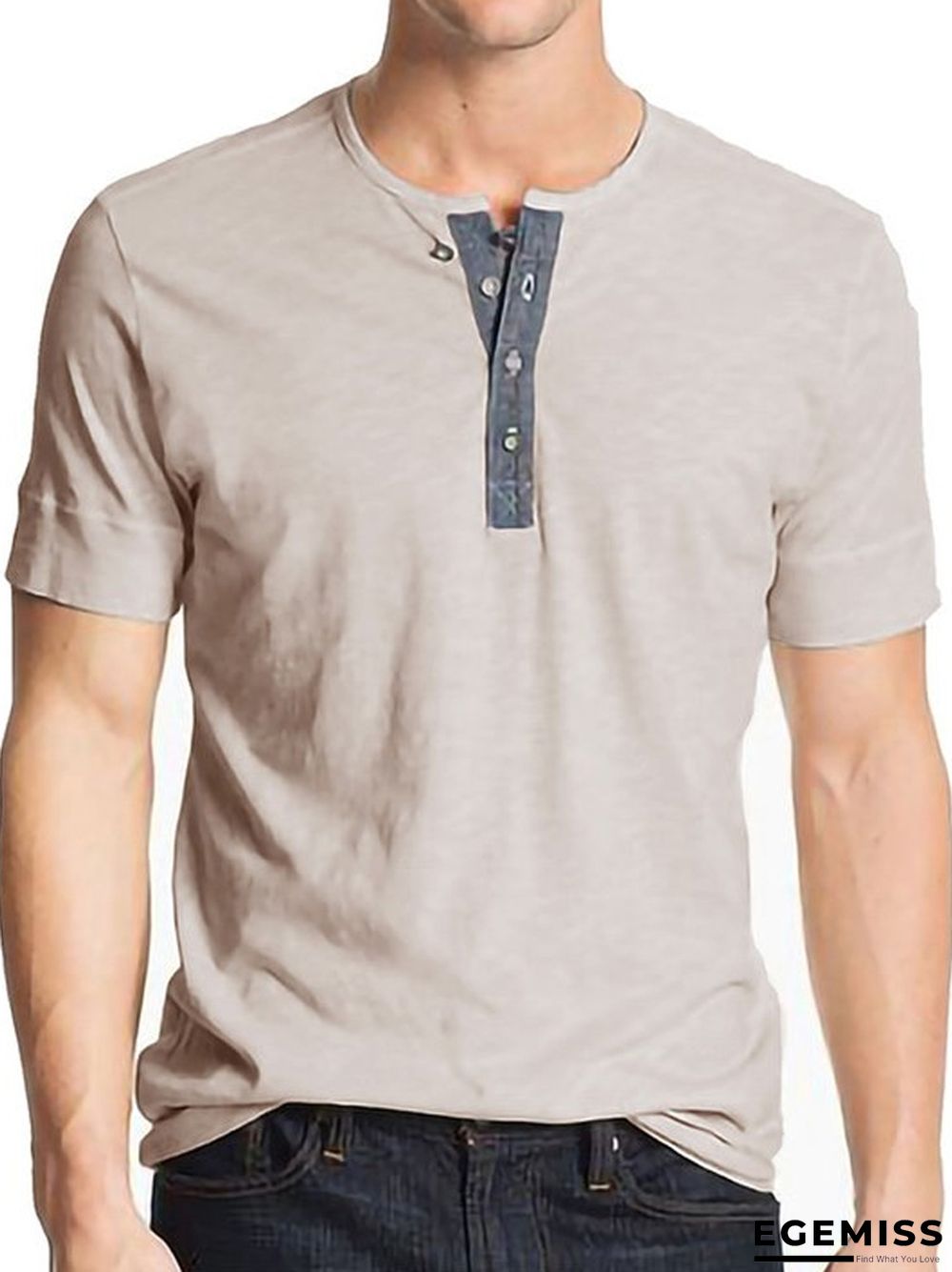 T-shirt with Short Sleeves Henry Shirt Round Neck Cotton T-shirt Men's Clothes | EGEMISS