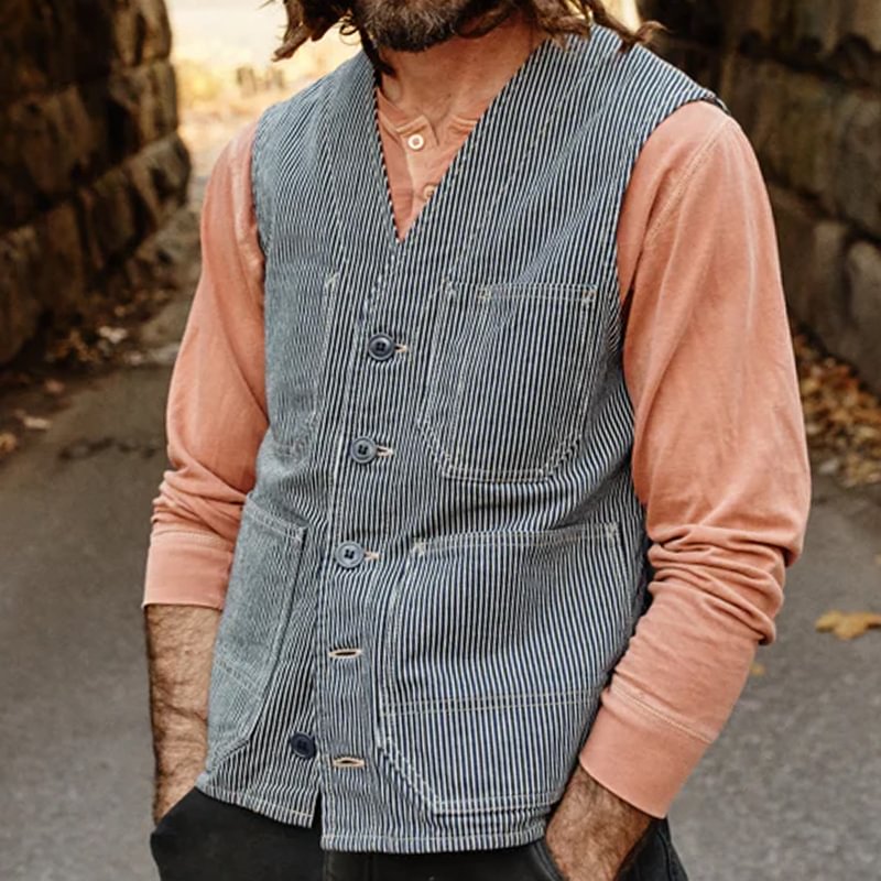 Vintage Wash Railroad Stripe Denim Vest