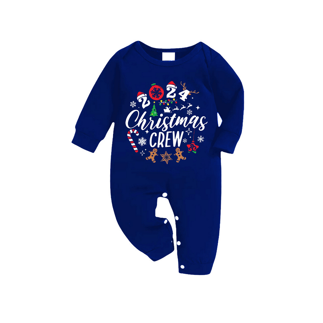 "2024 Christmas Crew" Text and Christmas Pattern Printed Blue and White Plaid Family Matching Pajamas