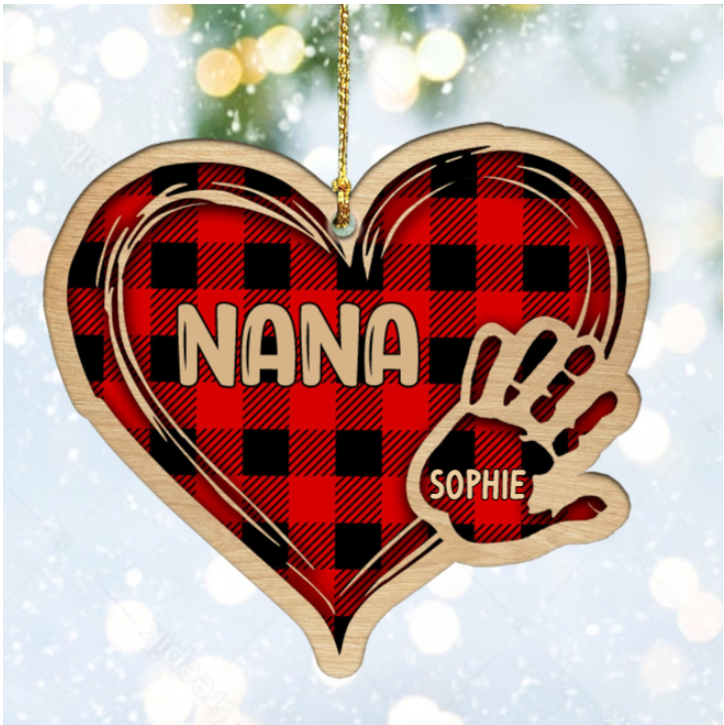 Grandma Mom Heart Hand Print Wood Ornament Custom 1 Name for Family