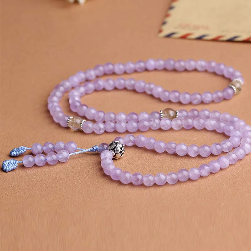 Natural Amethyst Mala Bead Lotus Bracelet