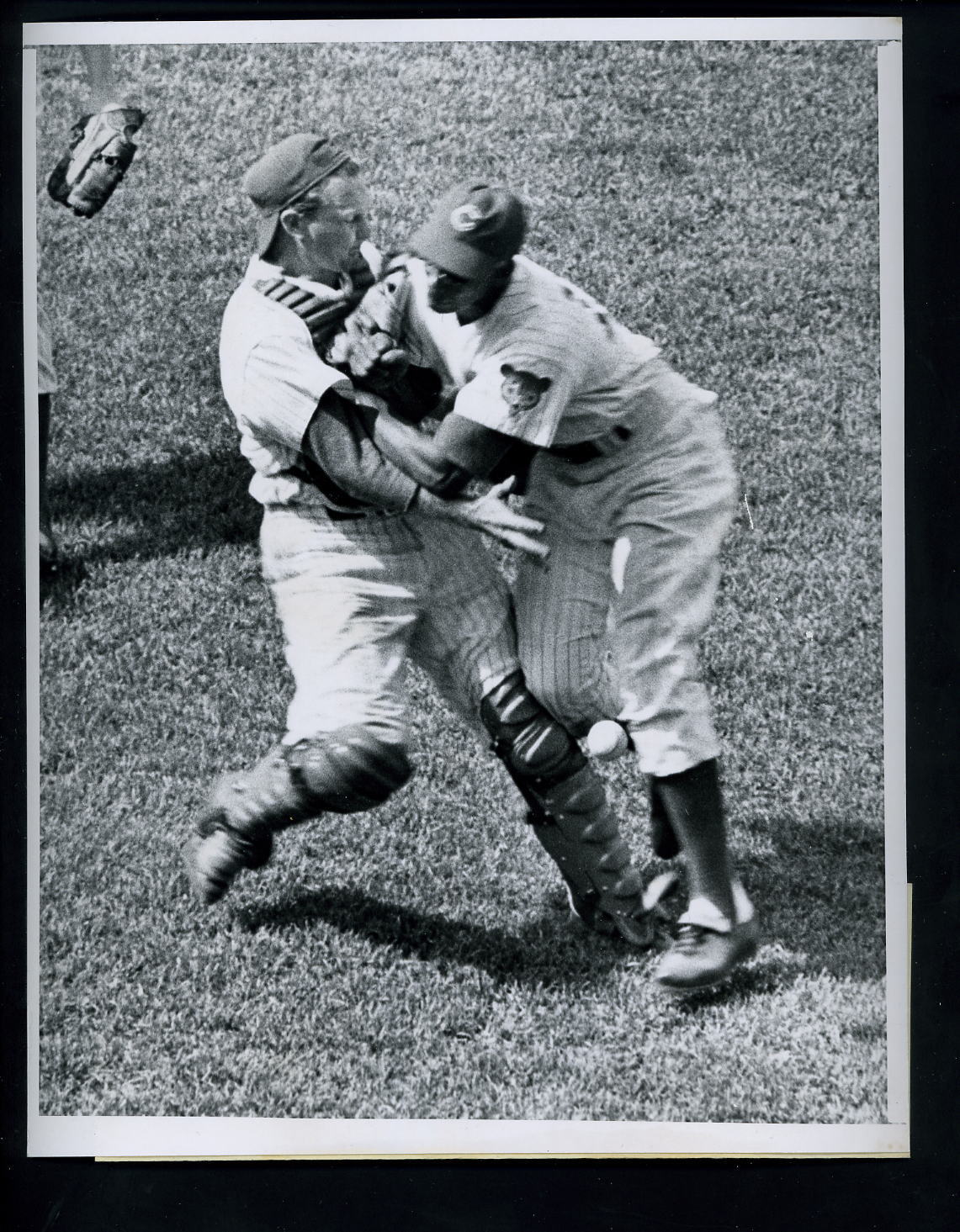 Ernie Banks & catcher Merritt Renew collide 1964 Press Photo Poster painting Chicago Cubs