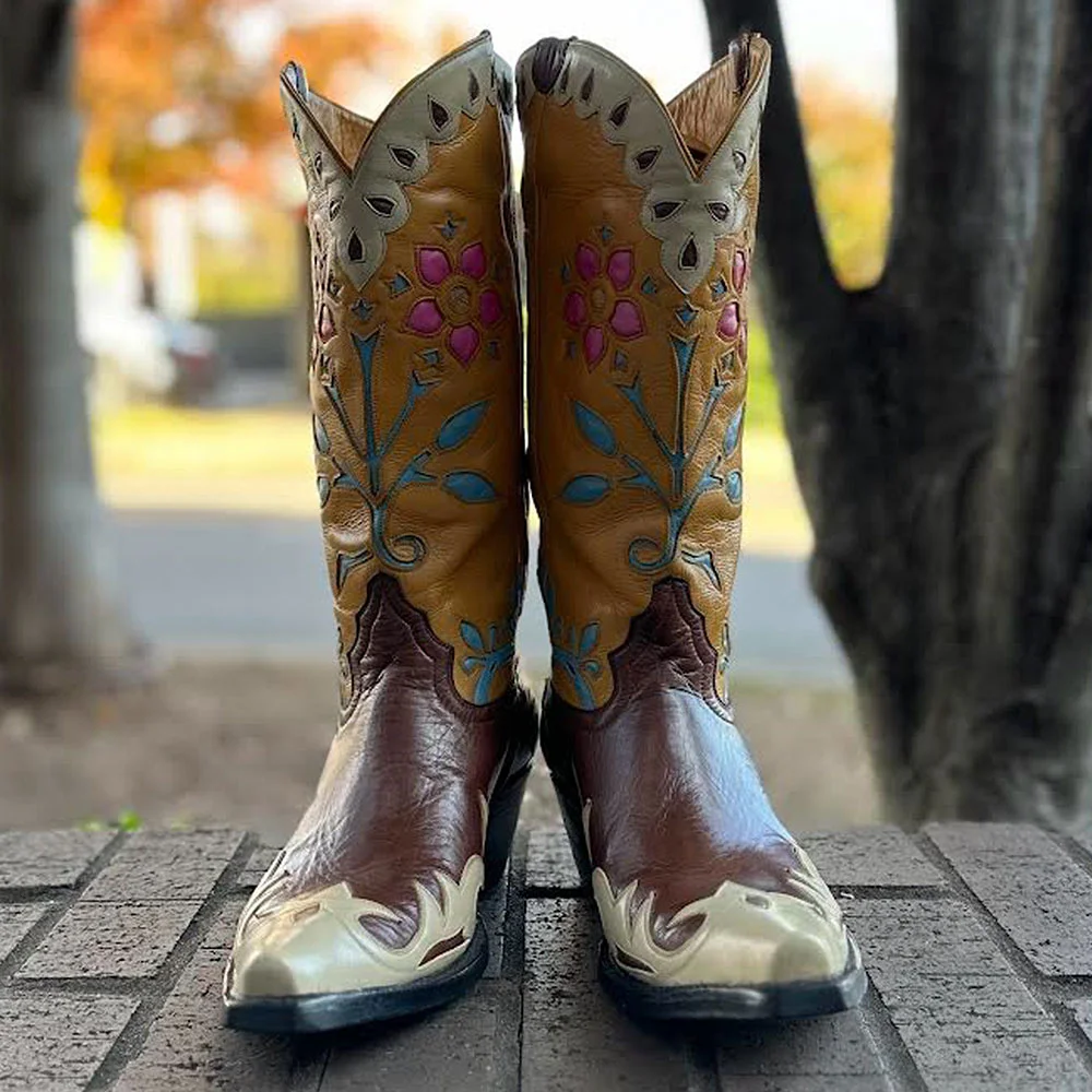 Multicolor Snip Toe Chunky Heel Flower Inlay Western Boots for Women