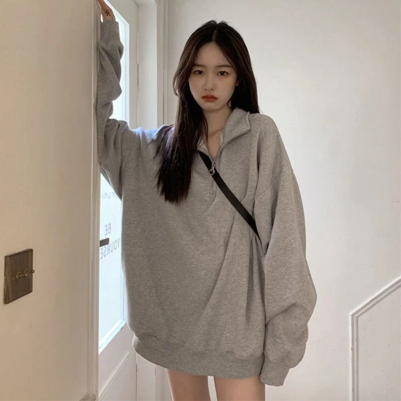 Grey Oversized Sweatshirts Women Autumn Winter 2022 Half Zip Up Pullover Casual Tops Polo Clothes Streetwear Sudaderas De Mujer