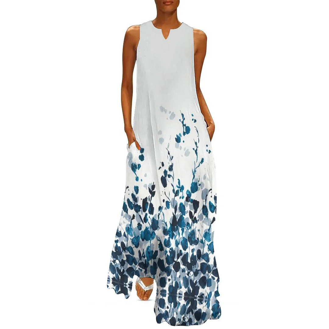 Style & Comfort for Mature Women Plus Size Printed Sleeveless Casual Women Maxi Dress with Pockets in Pattern Hearts, Floral, Blue, Watercolor