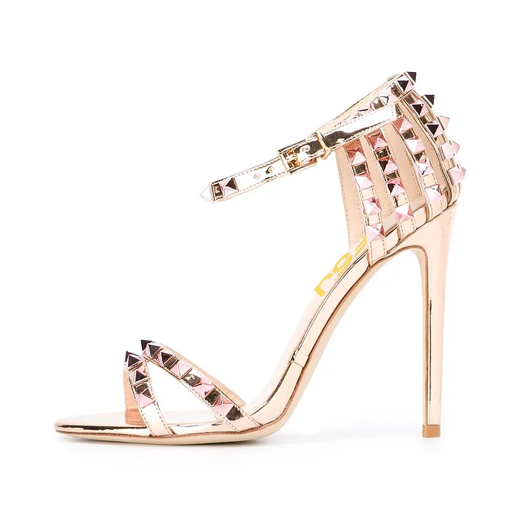 Champagne Studs Shoes Mirror Leather Ankle Strap Stiletto Heel Sandals |FSJ Shoes