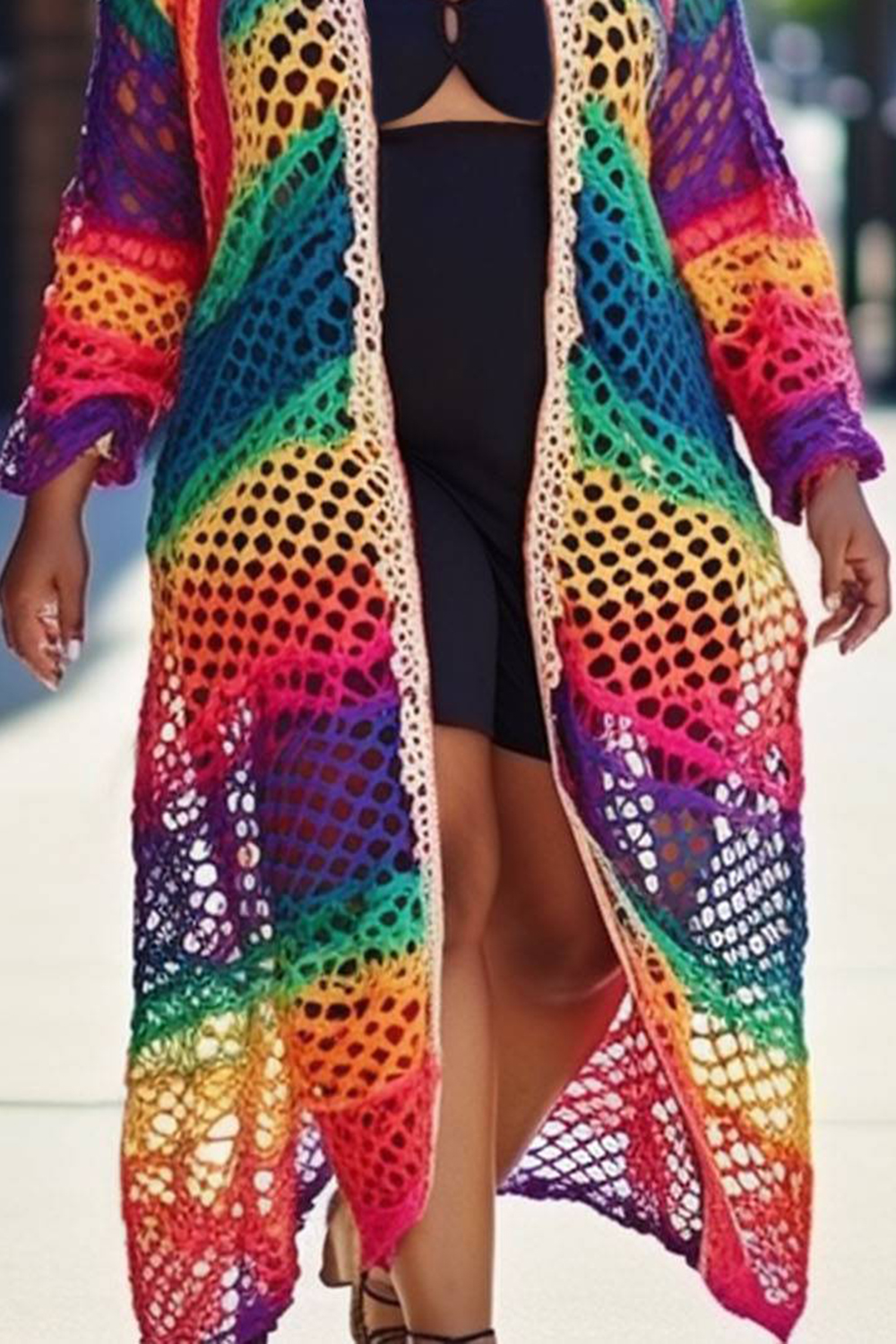Design Plus Size Beach Rainbow Colorblock Hollow Out Long Sleeve Crochet Cover Ups [Pre-Order]