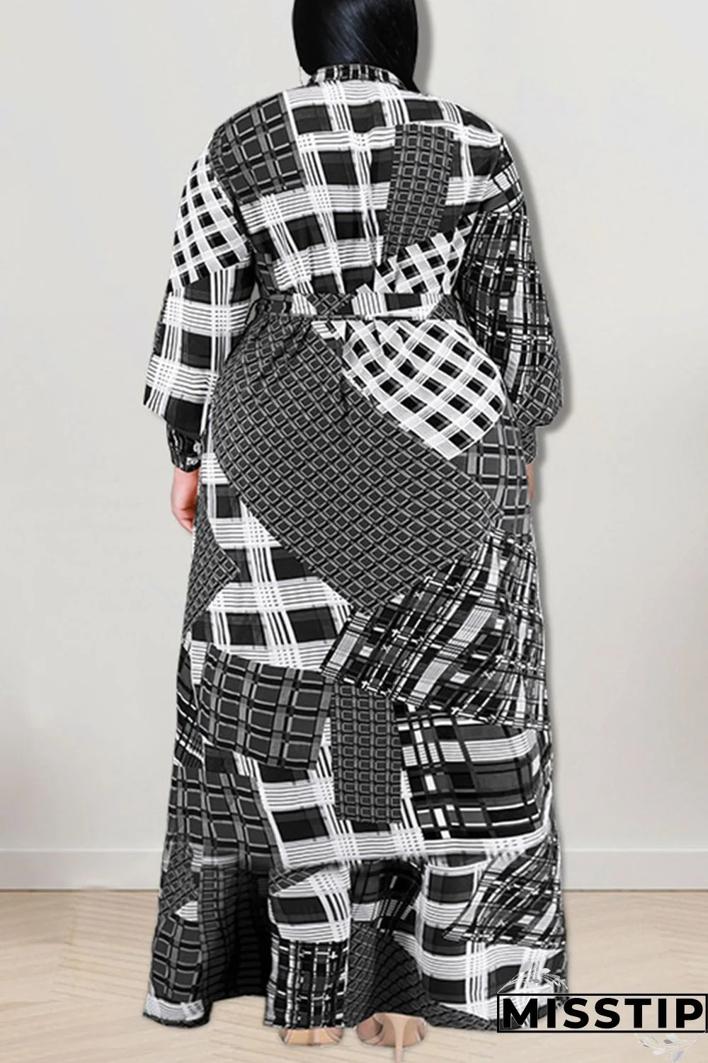 Gold Fashion Casual Print Patchwork Buckle With Bow Shirt Dress Plus Size Dresses