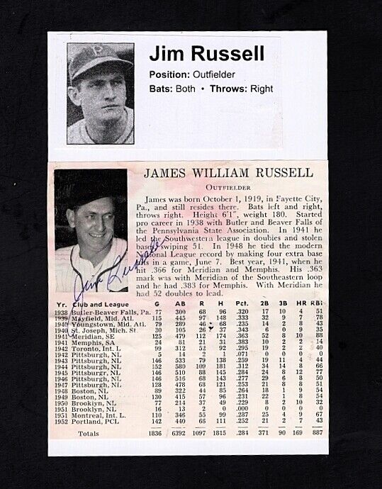 1953 JIM RUSSELL-PORTLAND BEAVERS-PCL- 4X6 AUTOGRAPHED YEARBOOK Photo Poster painting-(d.1987