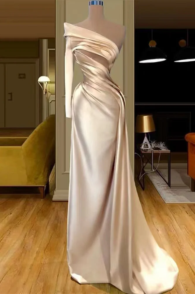 Fabulous Champagne One Shoulder Long Sleeves Mermaid Prom Dress Long Evening Gowns - lulusllly