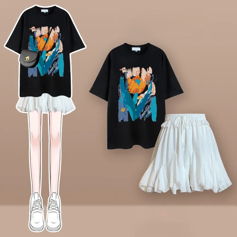 Tulip Cherry Blossom Print T-Shirt Pleated Skirt Two Pieces Set