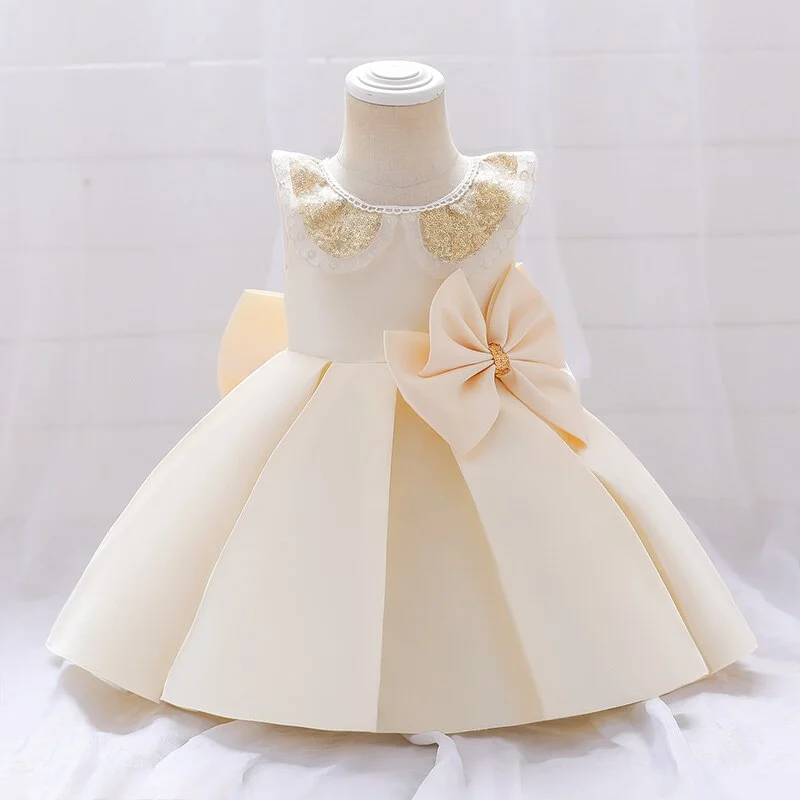Uveng Girl Kids Clothing Baptism Bow Princess Doll Collar Sequin1 Year Baby Birthday Dress Pink Party White Children Costume