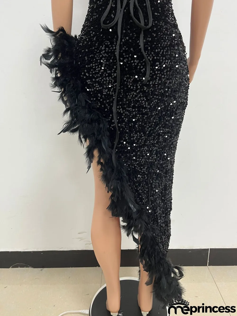 Women Sexy Off Shoulder Backless Sequin Feather Dress