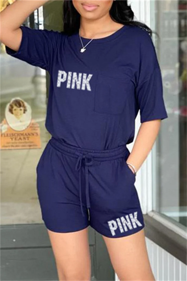 Navy Blue Fashion Casual Letter Print Patchwork O Neck Short Sleeve Two Pieces