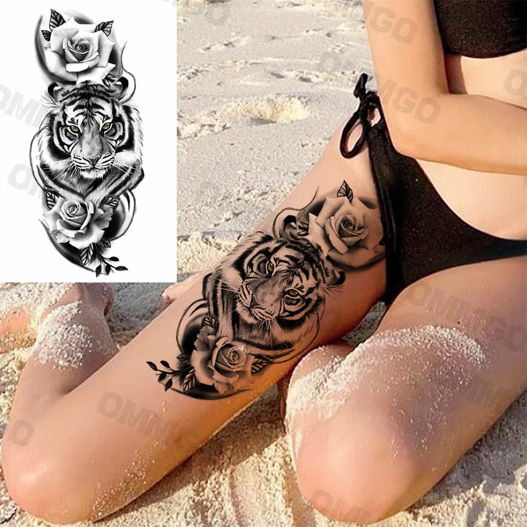 Sdrawing Rose Flower Skeleton Temporary Tattoos For Women Adult Girl Lion Tiger Crown Fake Tattoo Body Art Painting Tatoo Decal