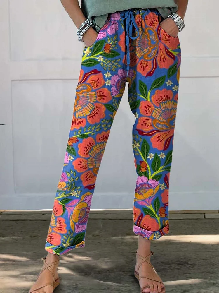 Women's Artistic Flowers Printed Cotton And Linen Casual Pants