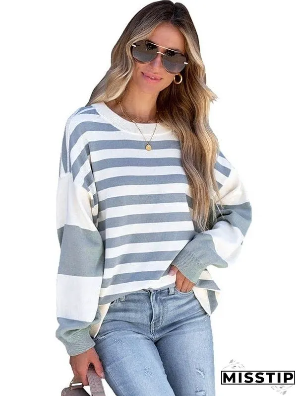 Women'S Striped Sweater With Puff Sleeves And Round Neck