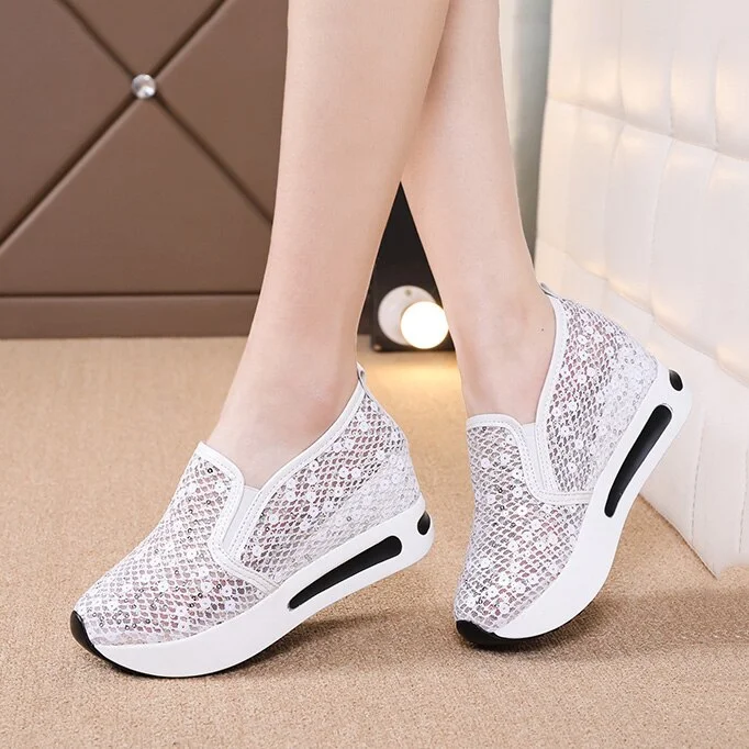 Qengg mesh shoes Female Wedge Shoes Sequin Mesh Breathable Shoes Women Platform Sneakers Women Height Increasing Wedges Shoes