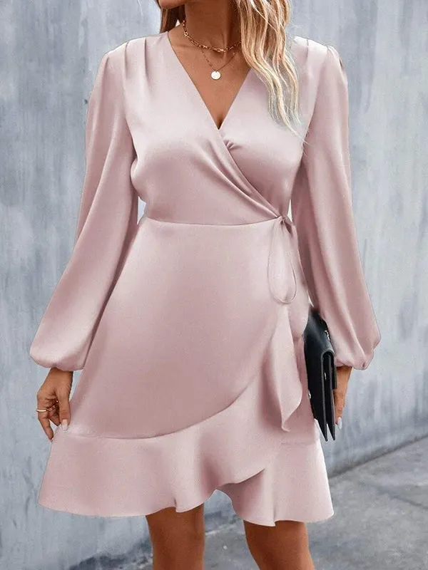 High Waisted High-Low Elasticity Pleated Solid Color Split-Joint Tied V-Neck Mini Dresses
