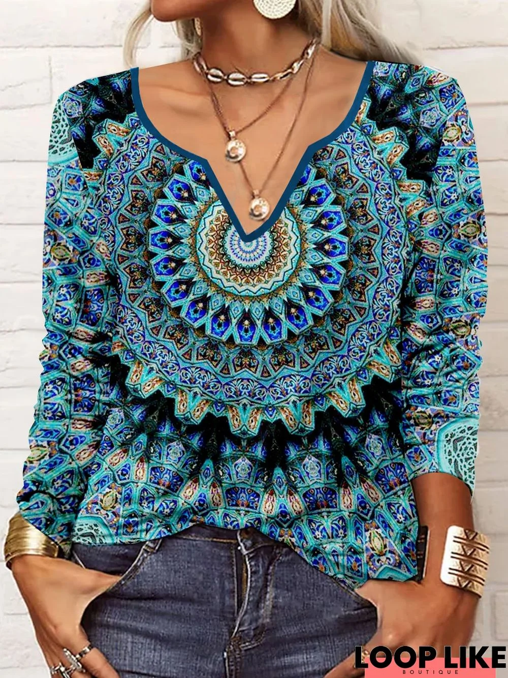 Ethnic Printed Casual V Neck T-Shirt