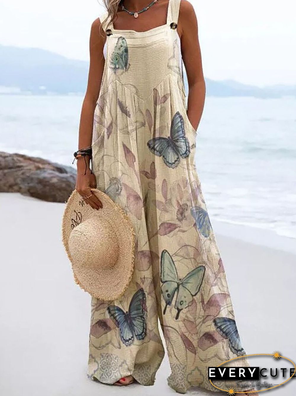 Summer Vintage Print Trousers Jumpsuit Women Casual Sling Sleeveless O Neck Wide Leg Playsuits Fashion High Street Loose Romper