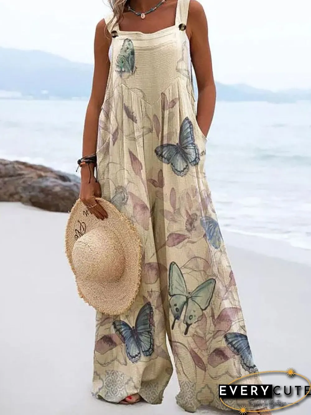 Summer Vintage Print Trousers Jumpsuit Women Casual Sling Sleeveless O Neck Wide Leg Playsuits Fashion High Street Loose Romper
