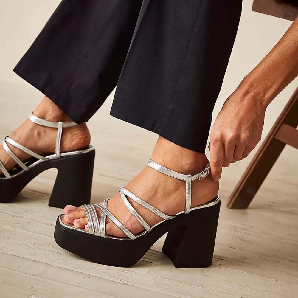 Metallic Finish Strappy Heeled Silver Sandals with Black Platform Nicepairs