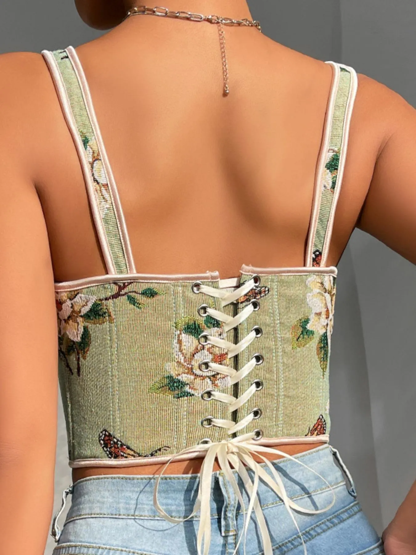 Women's Floral Print Adjustable Lace Up Corset Structure Shapewear Tank Top, Fashionable Bow Decor Shapewear Top for Daily Wear, Tummy Control Shaper for Women