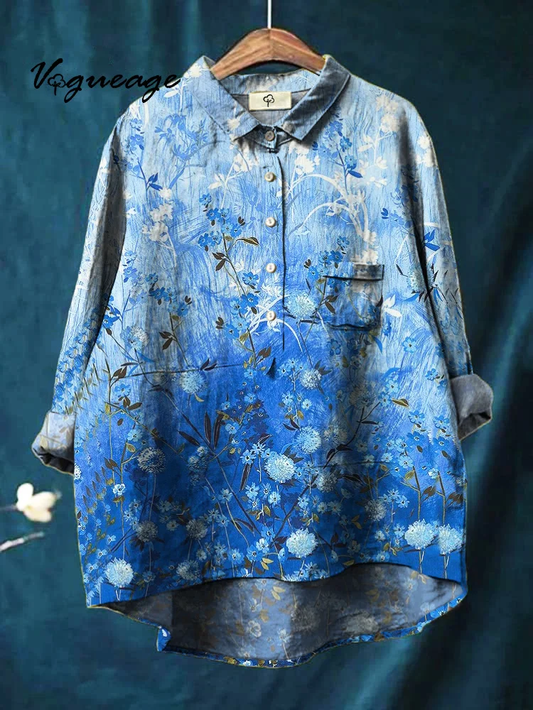 Dreamy Charming Gentle Flowers And Plants Printed Cotton And Linen Shirt