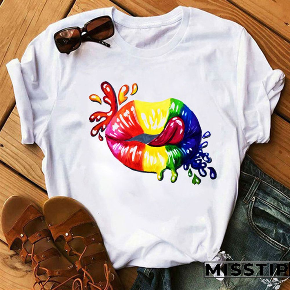 White Fashion Casual Lips Printed Basic O Neck Tops