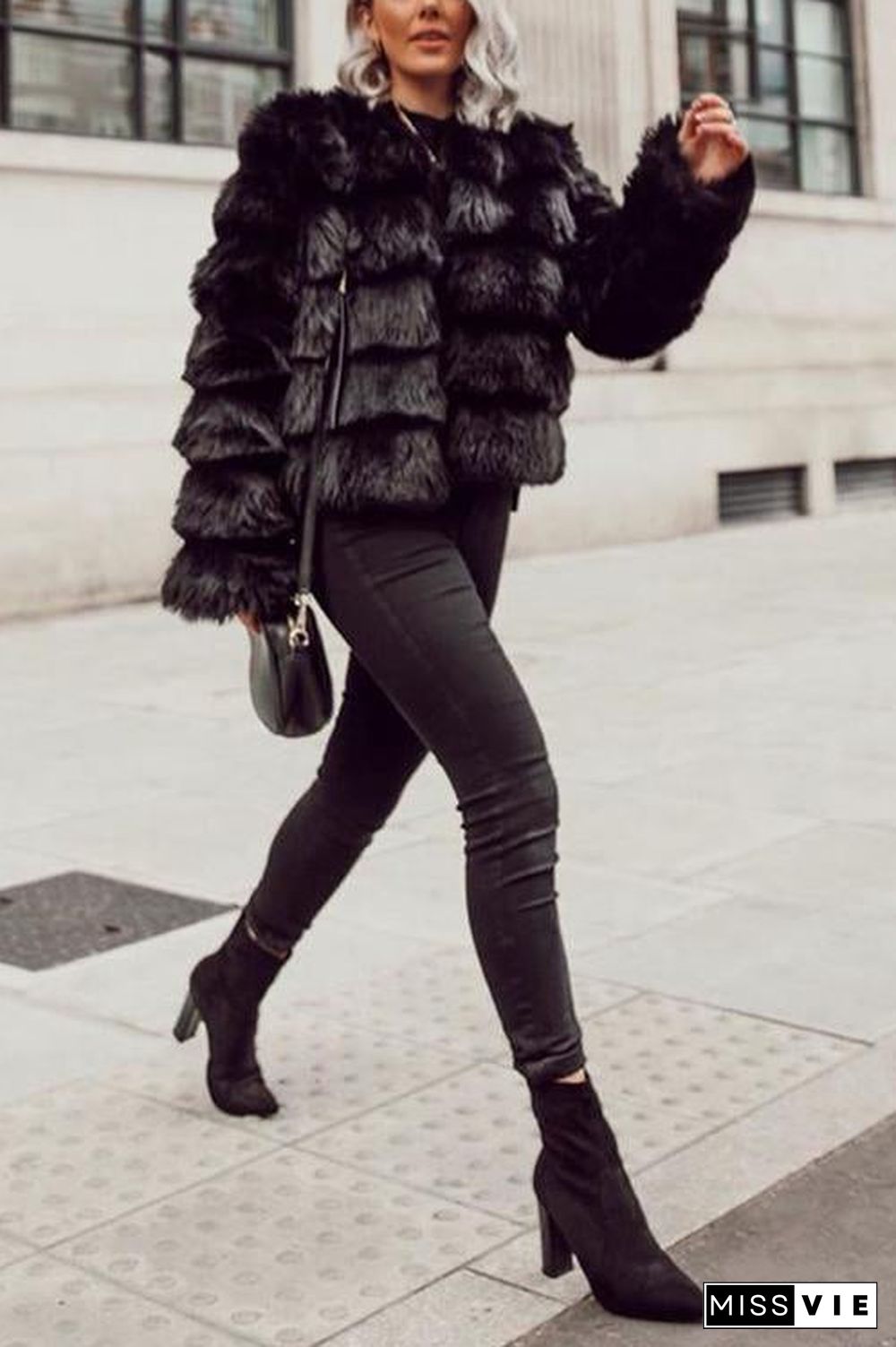 Layer O Neck Faux Fur Coat