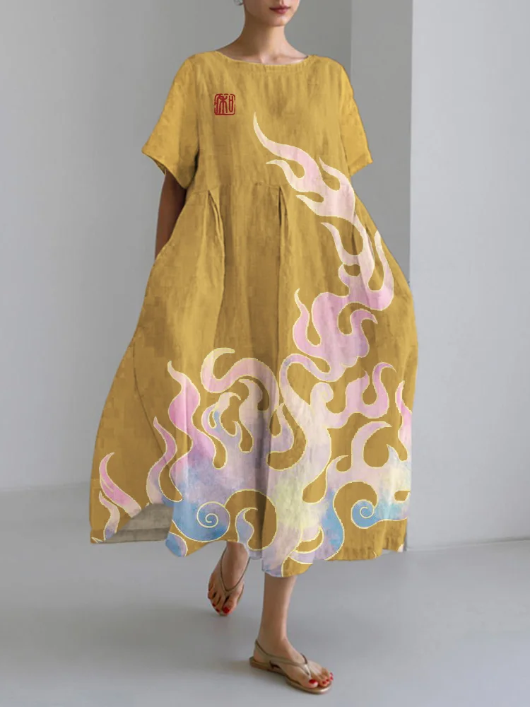 Comstylish Colorful Flame Zen Art Linen Blend Maxi Dress