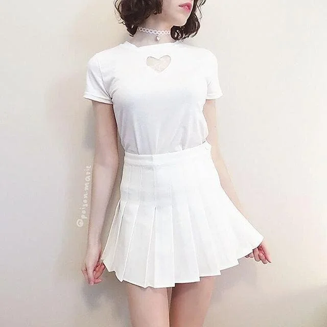 White/Black Heart Cut Out Hollow Short Sleeve Shirt SP165631